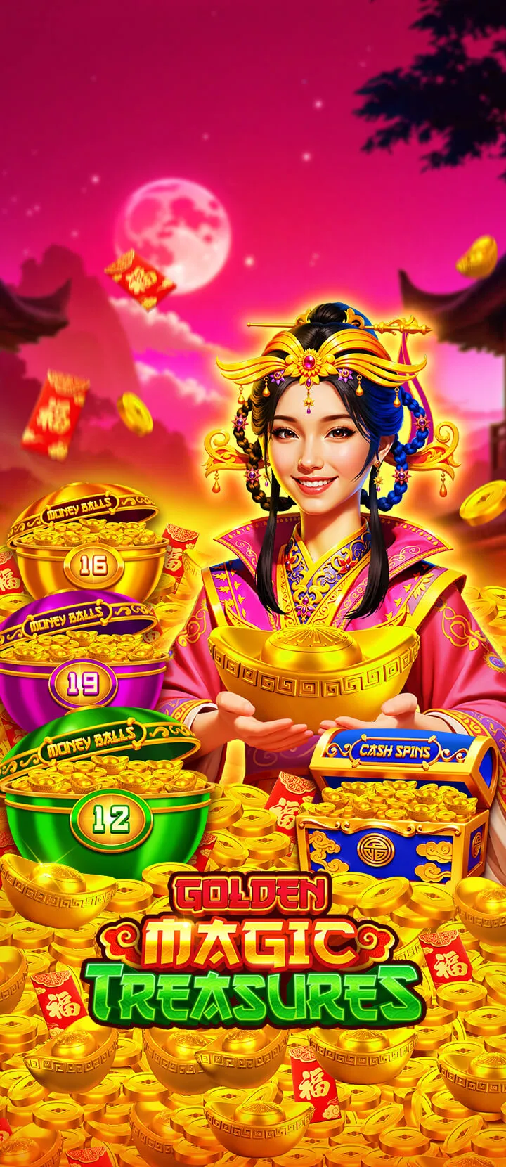 Golden Magic Treasures — fortune-themed free Vegas slot machine with an overflowing magic pot of gold